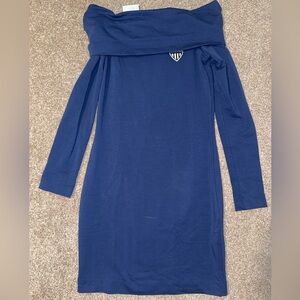 NWT LOVE Moschino Navy Blue Heart Patch Off Shoulder Dress size 40 4 Authentic